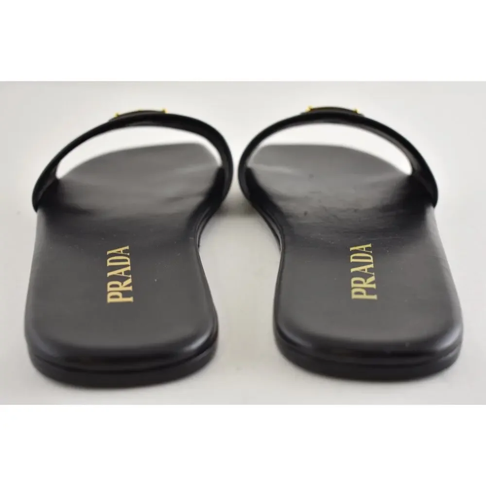 Prada Ciabatte Black Leather Gold Triangle Logo Slide Mule Flat Sandal 36